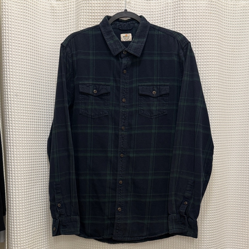 Marine Layer - Navy and Green Plaid Button Down Shirt